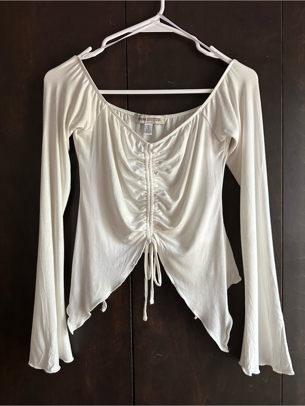 Urban Outfitters Off-White Ruched Drawstring Long Bell-Sleeved Top